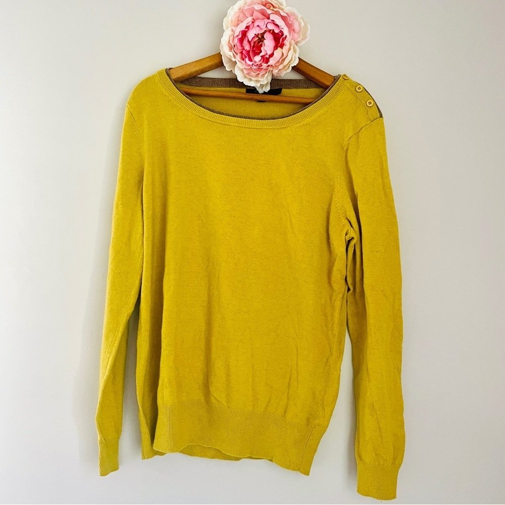 Boden Mustard Yellow Gold Sweater 20 Button Detail Shoulder Cashmere Angora